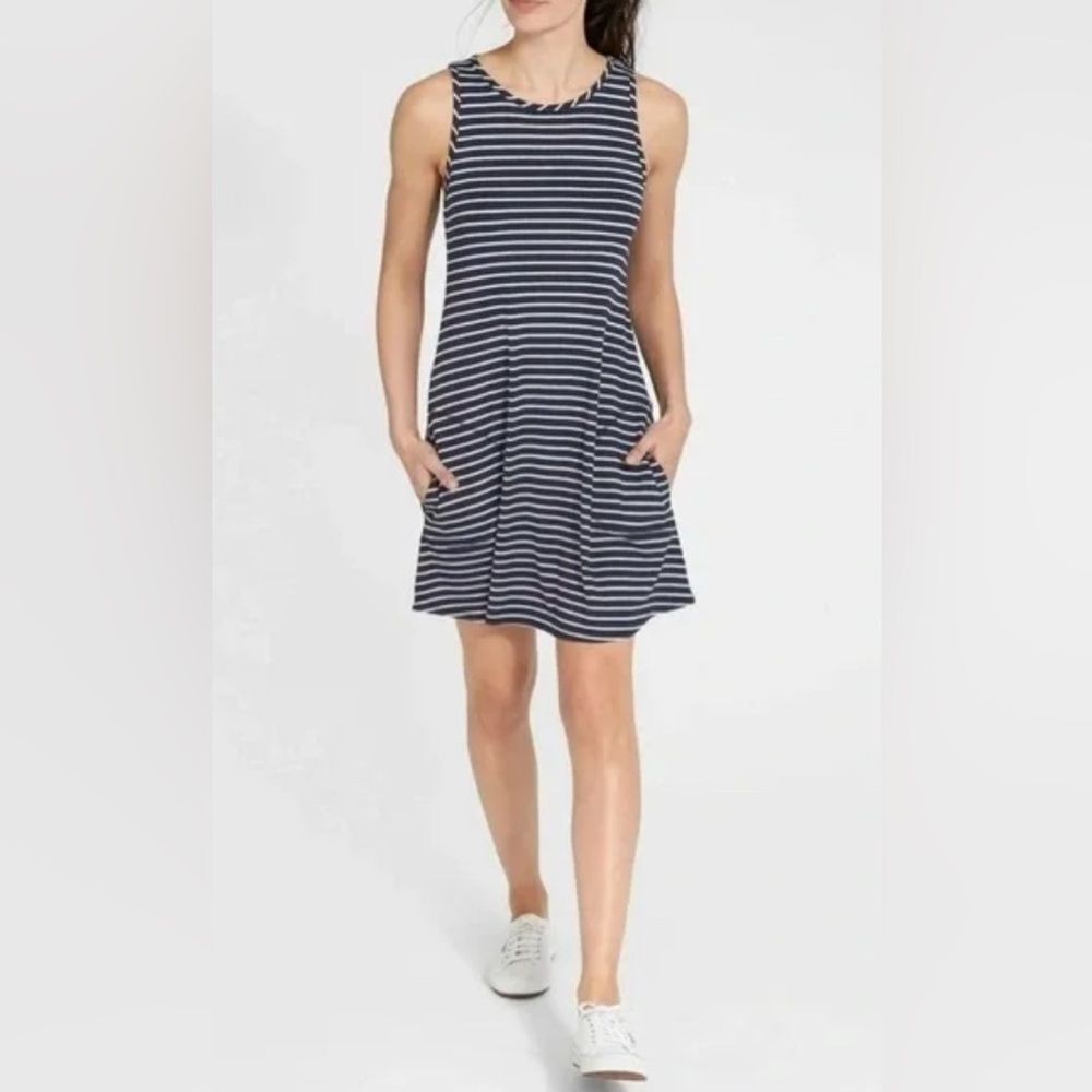 Athleta Navy & Gray Striped Athleta Stripe Swing Dress w/Pockets Size M EUC